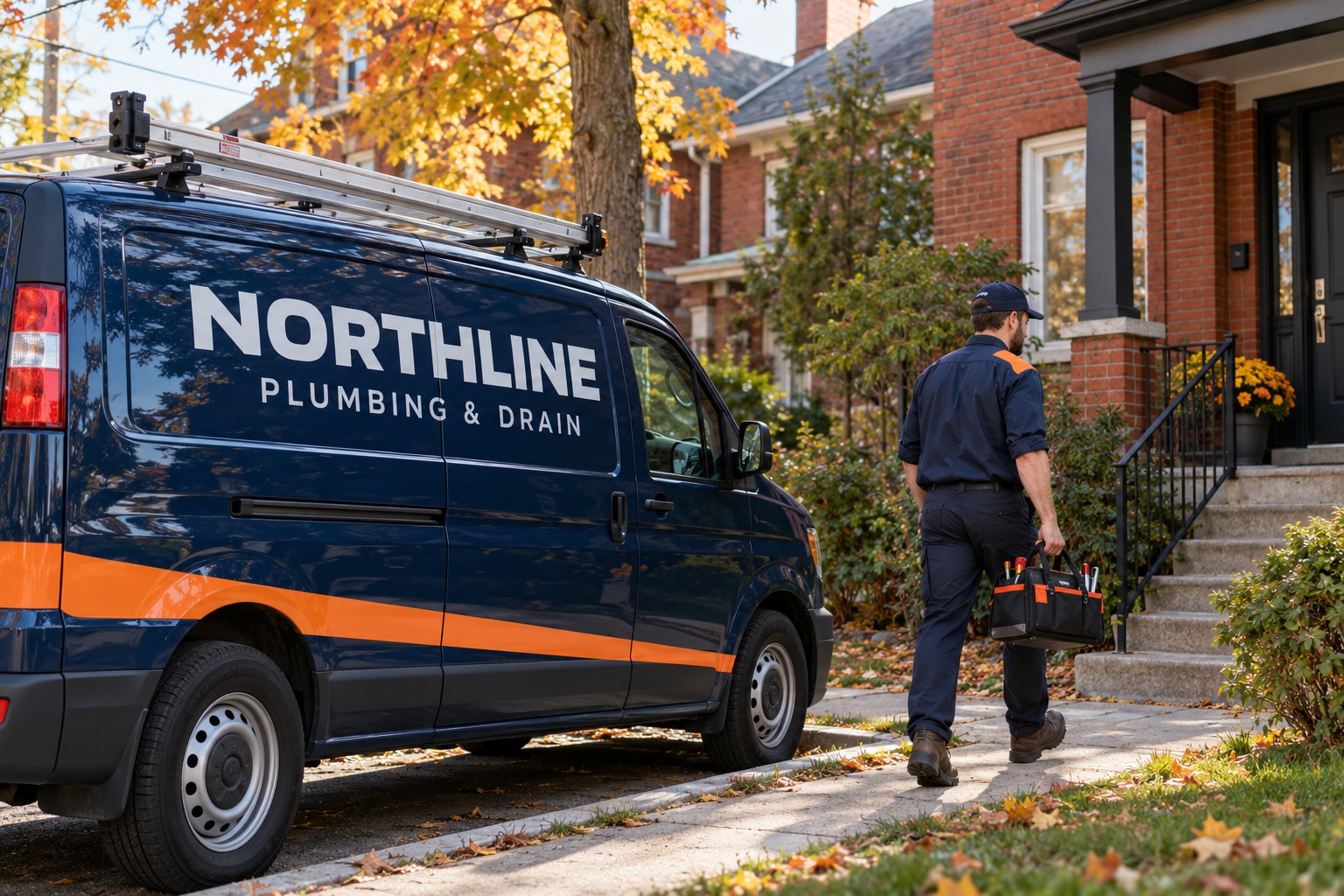 A Northline-branded plumbing van outside a Toronto-style brick home, with a plumber carrying tools toward the entrance