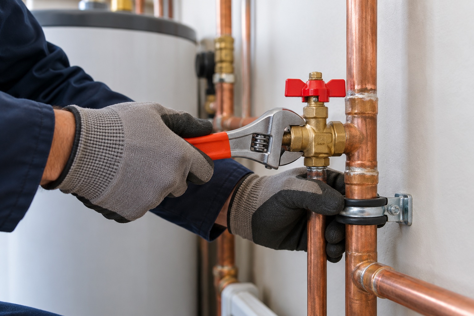 A plumber’s gloved hands checking a brass shut-off valve on neatly installed copper pipework