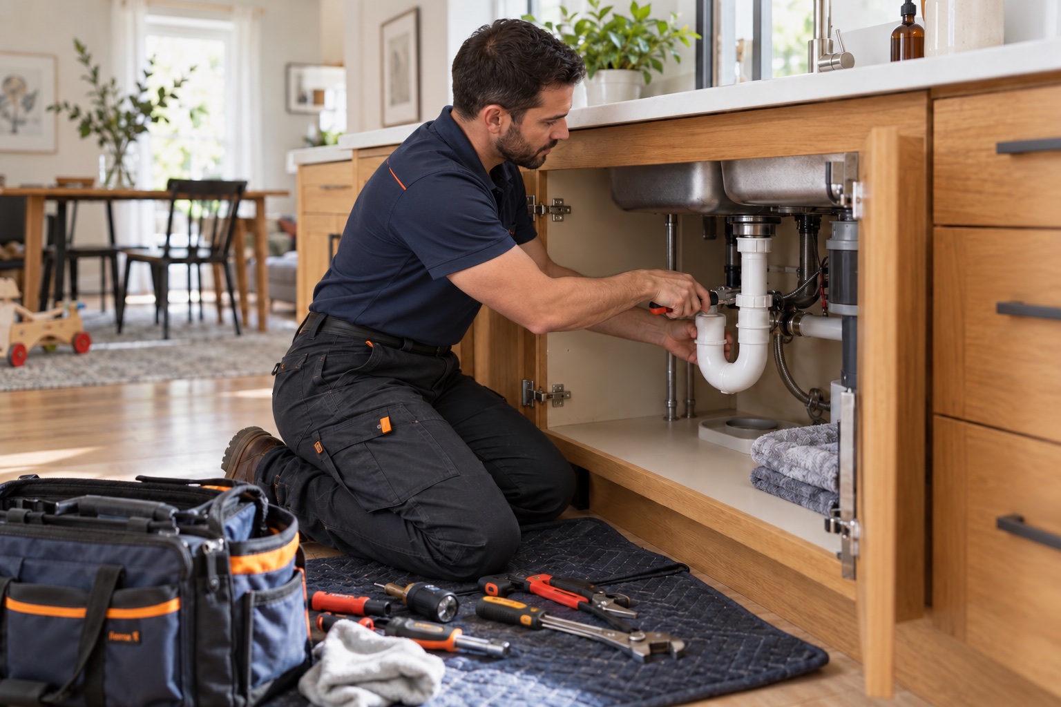 A male plumber inspecting the pipework beneath a kitchen sink while protecting the homeowner’s floor